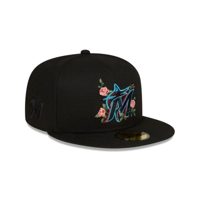 Black Miami Marlins Hat - New Era MLB Bloom 59FIFTY Fitted Caps USA0689214